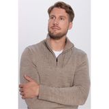 Tudors Erkek Slim Fit Dar Kesim Armürlü Fermuarlı Kahve Dik Yaka Triko Kazak - Kahverengi