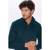 Tudors Erkek Slim Fit Dar Kesim Armürlü Fermuarlı Yeşil Dik Yaka Kazak