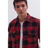 Tudors Erkek Slim Fit Dar Kesim Çift Cepli Kapaklı Spor Yaka Kareli Oduncu Gömlek - Bordo-Siyah