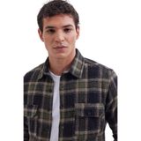 Tudors Erkek Slim Fit Dar Kesim Çift Cepli Kapaklı Spor Yaka Kareli Oduncu Gömlek,Haki Siyah M
