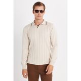 Tudors Erkek Slim Fit Dar Kesim Çizgi Detaylı Polo Yaka Kazak,Taş S