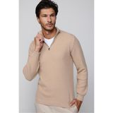 Tudors Erkek Slim Fit Dar Kesim Dik Yaka Fermuarlı Desenli Bej Triko Kazak,Taş L