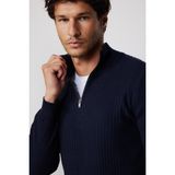 Tudors Erkek Slim Fit Dar Kesim Dik Yaka Fermuarlı Desenli Lacivert Triko Kazak