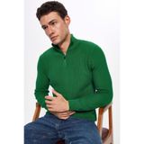 Tudors Erkek Slim Fit Dar Kesim Dik Yaka Fermuarlı Yeşil Triko Kazak