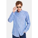 Tudors Erkek Slim Fit Dar Kesim Düğmeli Spor Yaka Keten Efekt %100 Pamuk Çizgili Yazlık Lacivert Gömlek