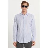 Tudors Erkek Slim Fit Dar Kesim Düğmeli Spor Yaka Keten Efekt %100 Pamuk Mavi Çizgili Yazlık Gömlek