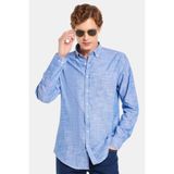 Tudors Erkek Slim Fit Dar Kesim Düğmeli Spor Yaka Keten Efekt%100 Pamuk Çizgili Yazlık Lacivert Gömlek, M Beden