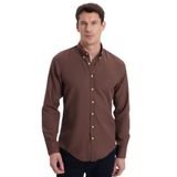 Tudors Erkek Slim Fit Dar Kesim Düz Oxford Armalı Yaka Düğmeli kahverengi Spor Gömlek - 2XL