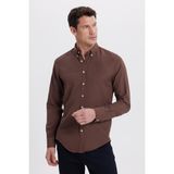Tudors Erkek Slim Fit Dar Kesim Düz Oxford Armalı Yaka Düğmeli kahverengi Spor Gömlek - XL