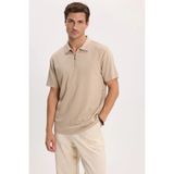 Tudors Erkek Slım Fit Dar Kesim Ekstra Soft Modal Kumaş Kısa Kollu Yarım Fermuarlı Bej Polo Yaka Tişört - XL