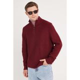 Tudors Erkek Slim Fit Dar Kesim Fermuarlı Bordo Dik Yaka Triko Kazak - XL