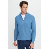 Tudors Erkek Slim Fit Dar Kesim Fermuarlı Dik Yaka Triko Kazak,İndigo L