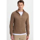Tudors Erkek Slim Fit Dar Kesim Fermuarlı Dik Yaka Triko Kazak,koyu Vizon 2Xl, XXL
