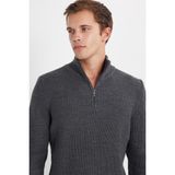 Tudors Erkek Slim Fit Dar Kesim Fermuarlı Gri Dik Yaka Triko Kazak - 2XL