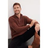 Tudors Erkek Slim Fit Dar Kesim Fermuarlı Kahverengi Dik Yaka Triko Kazak - 2XL