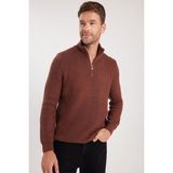 Tudors Erkek Slim Fit Dar Kesim Fermuarlı Kahverengi Dik Yaka Triko Kazak - XL