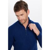 Tudors Erkek Slim Fit Dar Kesim Fermuarlı Lacivert Dik Yaka Triko Kazak - Saks Mavi