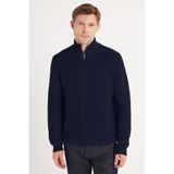 Tudors Erkek Slim Fit Dar Kesim Fermuarlı Lacivert Dik Yaka Triko Kazak