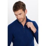 Tudors Erkek Slim Fit Dar Kesim Fermuarlı Lacivert Dik Yaka Triko Kazak,Sax Mavi S