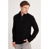 Tudors Erkek Slim Fit Dar Kesim Fermuarlı Siyah Dik Yaka Triko Kazak - 2XL