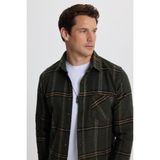 Tudors Erkek Slim Fit Dar Kesim Kareli Cepli Haki Oduncu Gömlek