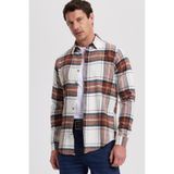 Tudors Erkek Slim Fit Dar Kesim Kareli Kışlık Oduncu Gömlek, Ekru, L Beden