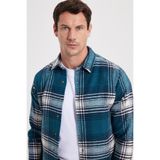 Tudors Erkek Slim Fit Dar Kesim Kareli Kışlık Oduncu Gömlek, Petrol, M Beden