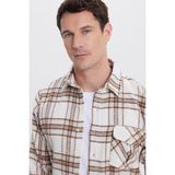 Tudors Erkek Slim Fit Dar Kesim Kareli Tek Cepli Oduncu Gömlek - Krem