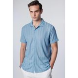 Tudors Erkek Slim Fit Dar Kesim Kısa Kollu Nefes Alan Örme Doku Armür Desenli Yazlık Mavi Gömlek
