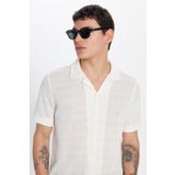 Tudors Erkek Slim Fit Dar Kesim Kısa Kollu Örme Doku Apaş Yaka Ekru Gömlek