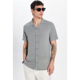 Tudors Erkek Slim Fit Dar Kesim Kısa Kollu Örme Doku Apaş Yaka Gri Gömlek