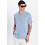 Tudors Erkek Slim Fit Dar Kesim Kısa Kollu Örme Doku Apaş Yaka Mavi Gömlek