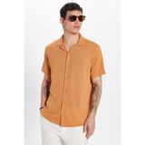 Tudors Erkek Slim Fit Dar Kesim Kısa Kollu Örme Doku Apaş Yaka Turuncu Gömlek, XL Beden