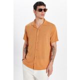 Tudors Erkek Slim Fit Dar Kesim Kısa Kollu Örme Doku Apaş Yaka Turuncu Gömlek