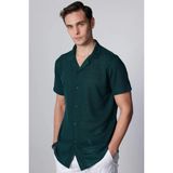 Tudors Erkek Slim Fit Dar Kesim Kısa Kollu Örme Kumaş Yeşil Apaş Yaka Gömlek - Petrol