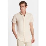 Tudors Erkek Slim Fit Dar Kesim Kısa Kollu Spor Yaka Oxford Doku Pamuklu Bej Gömlek