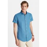 Tudors Erkek Slim Fit Dar Kesim Kısa Kollu Spor Yaka Oxford Doku Pamuklu İndigo Gömlek - 2XL