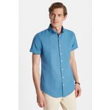 Tudors Erkek Slim Fit Dar Kesim Kısa Kollu Spor Yaka Oxford Doku Pamuklu İndigo Gömlek