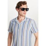 Tudors Erkek Slim Fit Dar Kesim Pamuklu Çizgili Kısa Kollu Apaş Yaka Gömlek, Multi2, M Beden