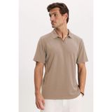 Tudors Erkek Slim Fit Dar Kesim Pamuklu Kısa Kollu Çizgili Vizon Polo V Yaka Tişört - XL