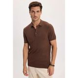 Tudors Erkek Slim Fit Dar Kesim Pamuklu Örme Triko Kahverengi Polo Yaka Tişört - XL