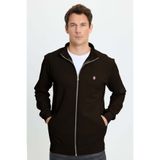Tudors Erkek Slim Fit Dar Kesim Pamuklu Tam Fermuarlı Çift Cepli Dik Yaka Koyu Kahverengi Sweatshirt Hırka