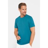 Tudors Erkek Slim Fit Dar Kesim Pamuklu Yumuşak Doku Likralı Esnek Kumaş Basic Petrol Bisiklet Yaka Tişört