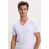 Tudors Erkek Slim Fit Dar Kesim Pamuklu Yumuşak Dokulu Likralı Esnek Kumaş Düz Basic Beyaz V Yaka Tişört - 2XL