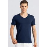 Tudors Erkek Slim Fit Dar Kesim Pamuklu Yumuşak Dokulu Likralı Esnek Kumaş Düz Basic Indigo V Yaka Tişört - İndigo