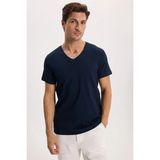 Tudors Erkek Slim Fit Dar Kesim Pamuklu Yumuşak Dokulu Likralı Esnek Kumaş Düz Basic Lacivert V Yaka Tişört - 2XL