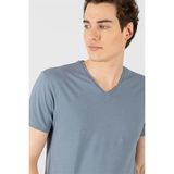 Tudors Erkek Slim Fit Dar Kesim Pamuklu Yumuşak Dokulu Likralı Esnek Kumaş Düz Basic Mavi V Yaka Tişört