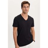 Tudors Erkek Slim Fit Dar Kesim Pamuklu Yumuşak Dokulu Likralı Esnek Kumaş Düz Basic Siyah V Yaka Tişört - 2XL