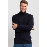 Tudors Erkek Slim Fit Dar Kesim Tam Balıkçı Yaka Saç Örgü Desenli Lacivert Triko Kazak