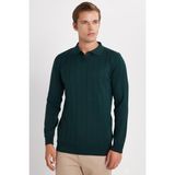 Tudors Erkek Slim Fit Dar Kesim Uzun Kol Polo Yaka Çizgili Yeşil Kazak - 2XL